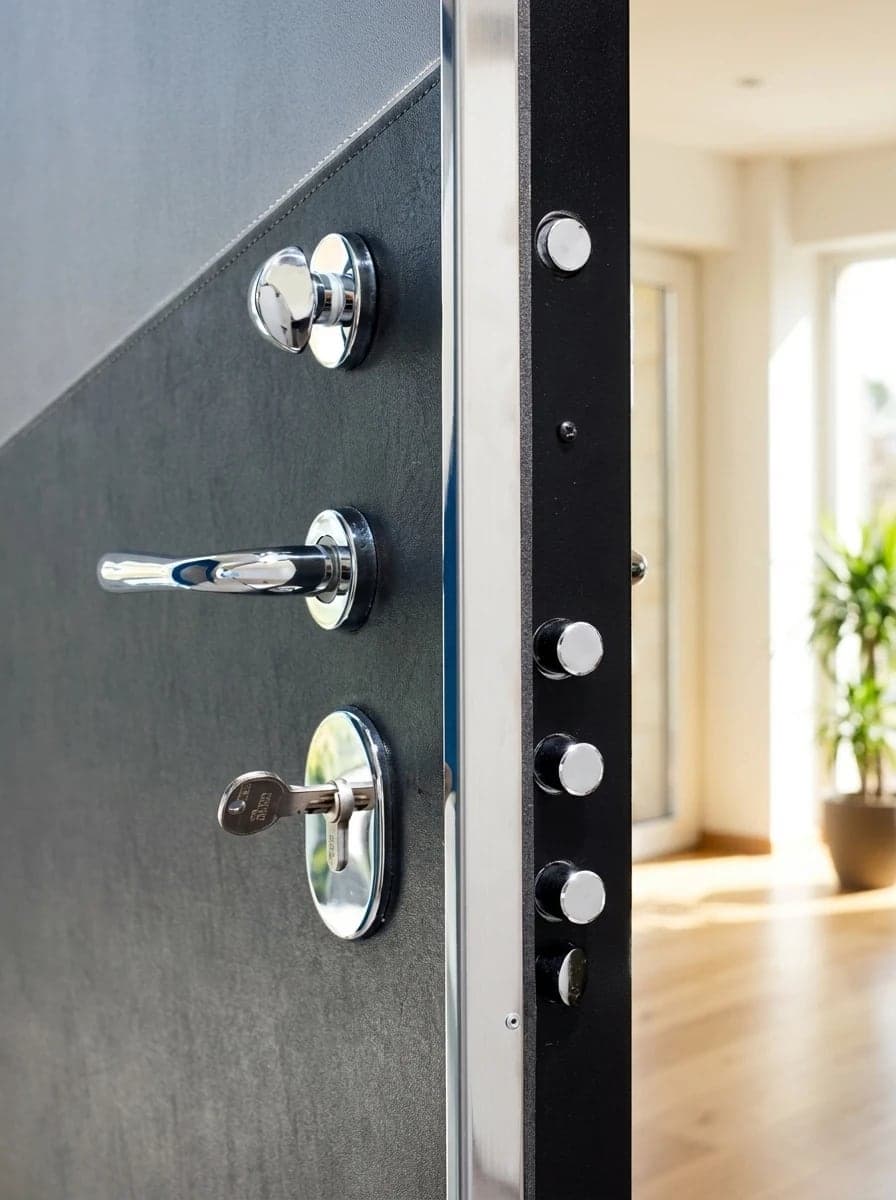Il bordo di una porta blindata aperta con i catenacci in acciaio e la chiave nella serratura