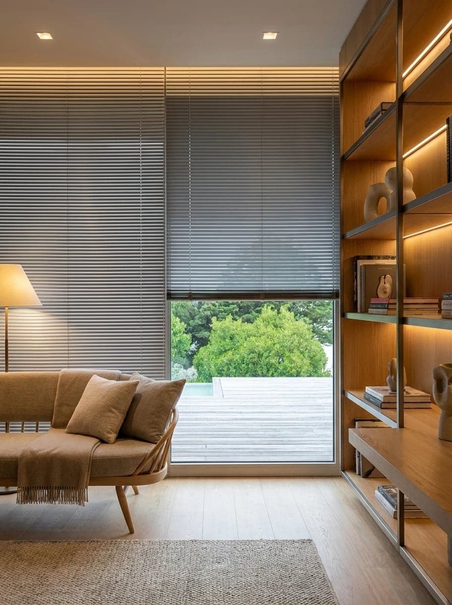 Un soggiorno con veneziane in alluminio che filtrano la luce su una grande vetrata