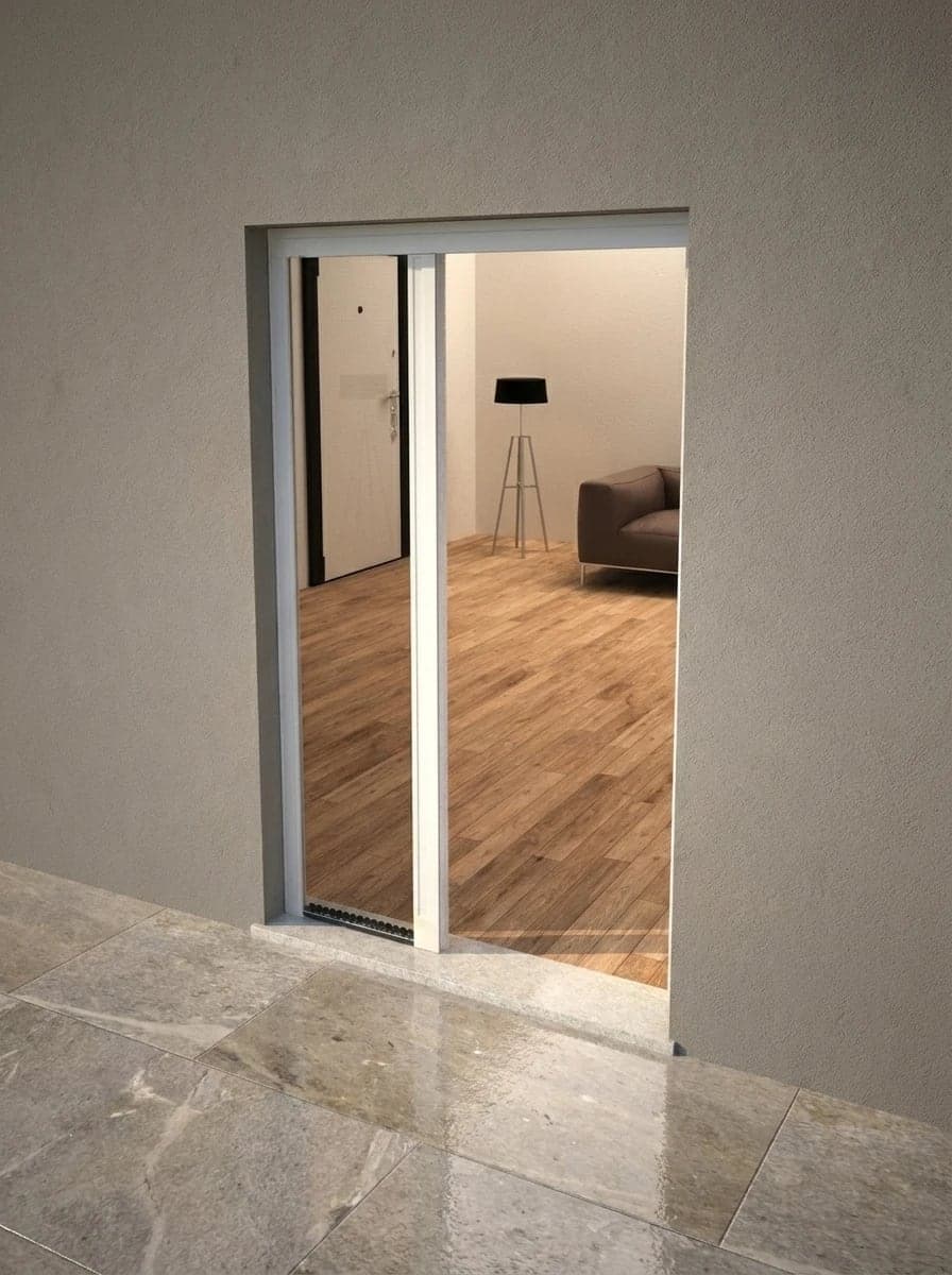 Una zanzariera a scorrimento laterale chiusa su una porta finestra, vista da fuori, con il soggiorno sullo sfondo