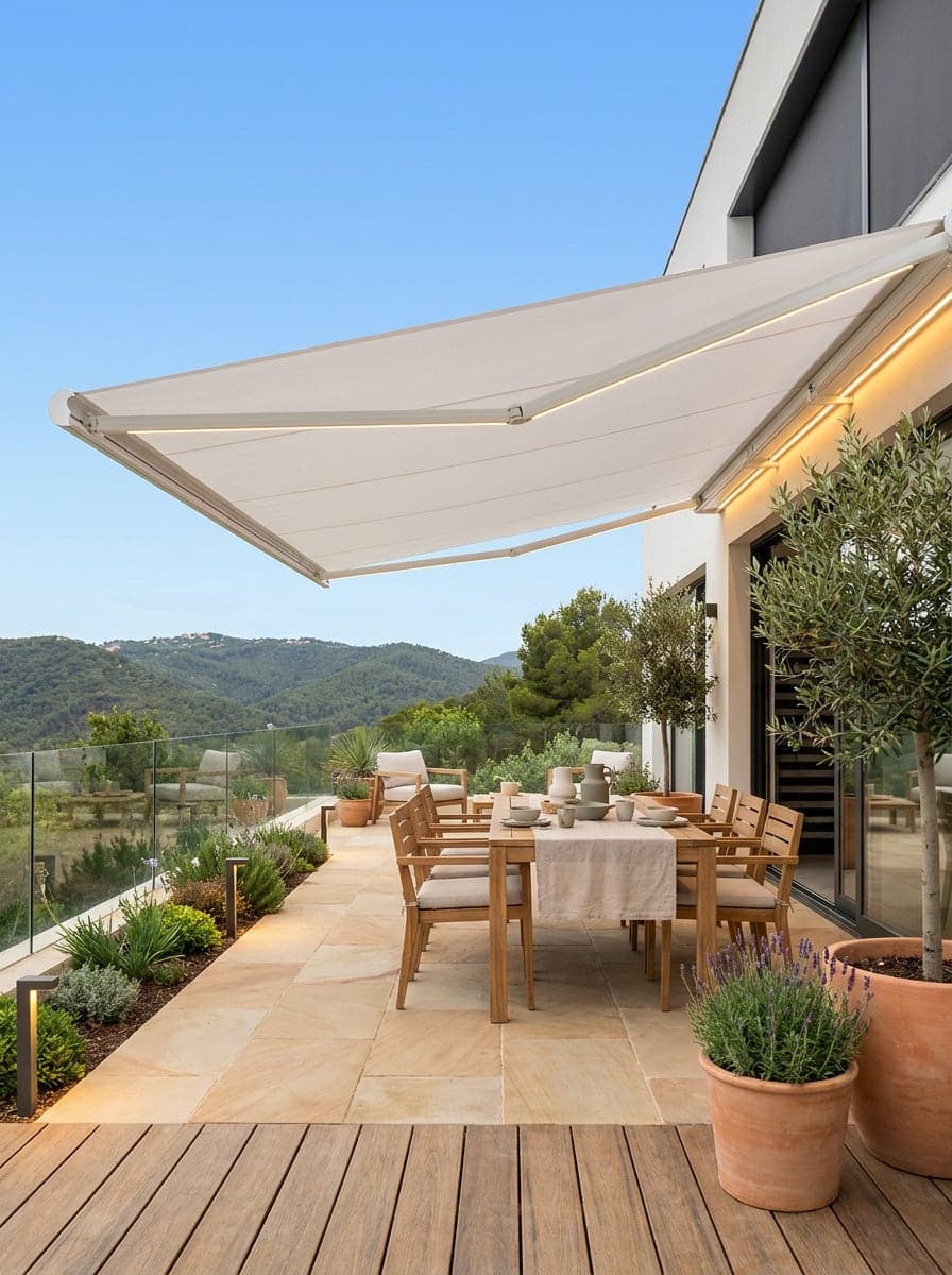 Una tenda da sole a bracci aperta sopra il tavolo di un terrazzo