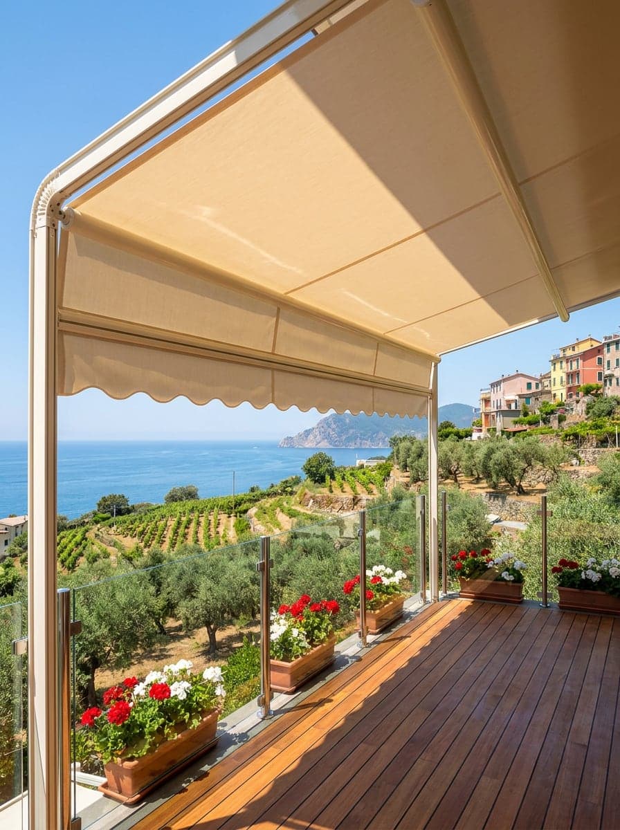 Una tenda da sole a capanno su un terrazzo affacciato sul mare, con il telo sopra e davanti