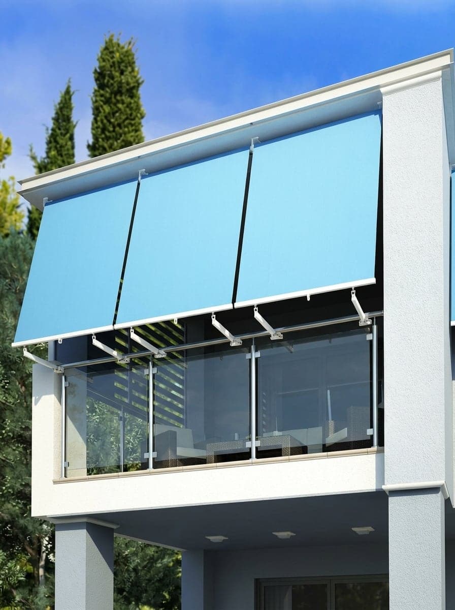 Tende da sole a caduta con i bracci a molla sopra un balcone con il parapetto in vetro