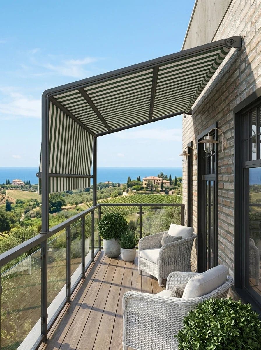 Una tenda da sole a righe verdi e bianche, con la sua struttura, sopra e davanti a un balcone affacciato sulla campagna e sul mare