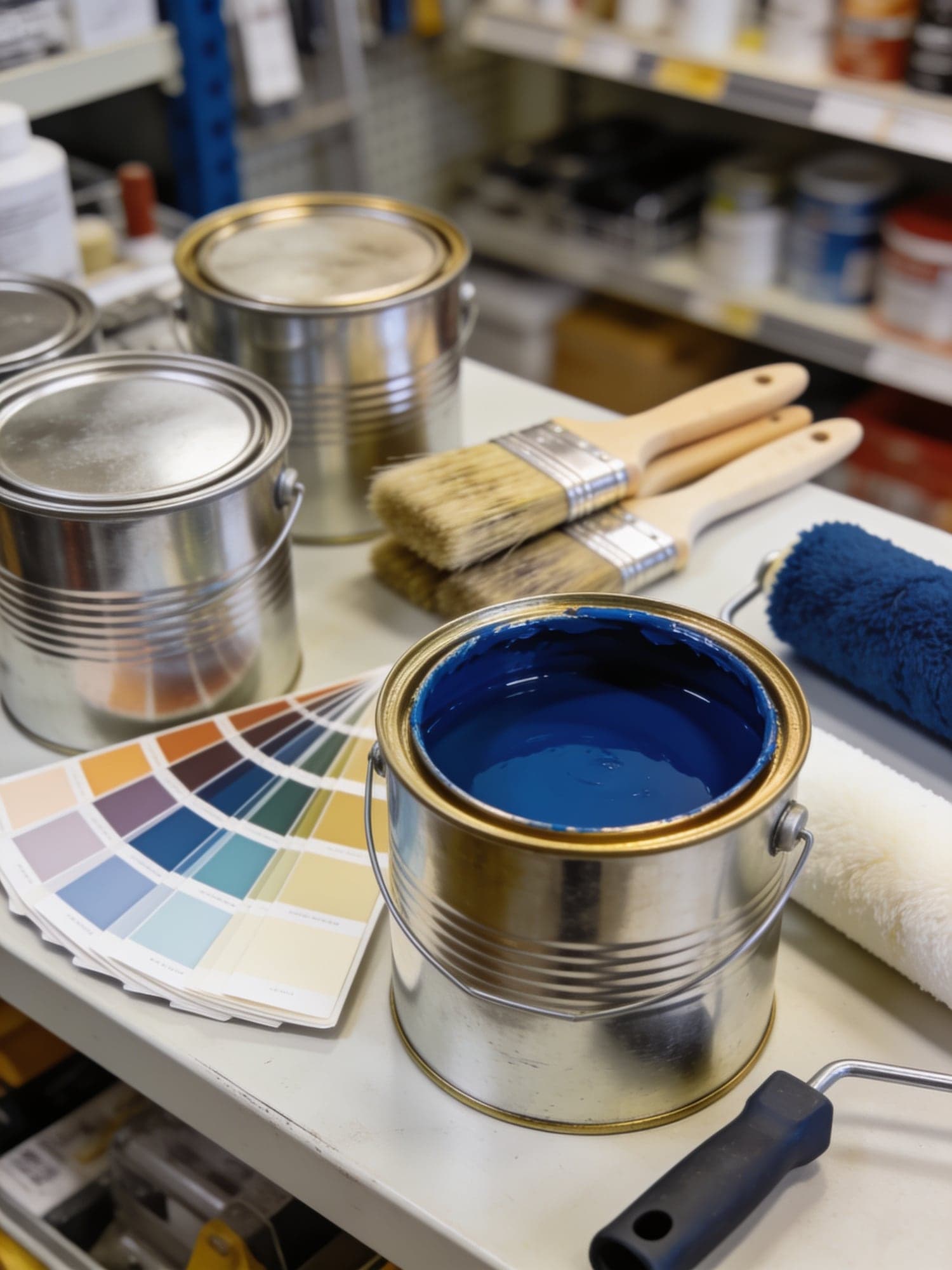 Barattoli di vernice sul banco, uno aperto con pittura blu, con mazzette di colori e pennelli